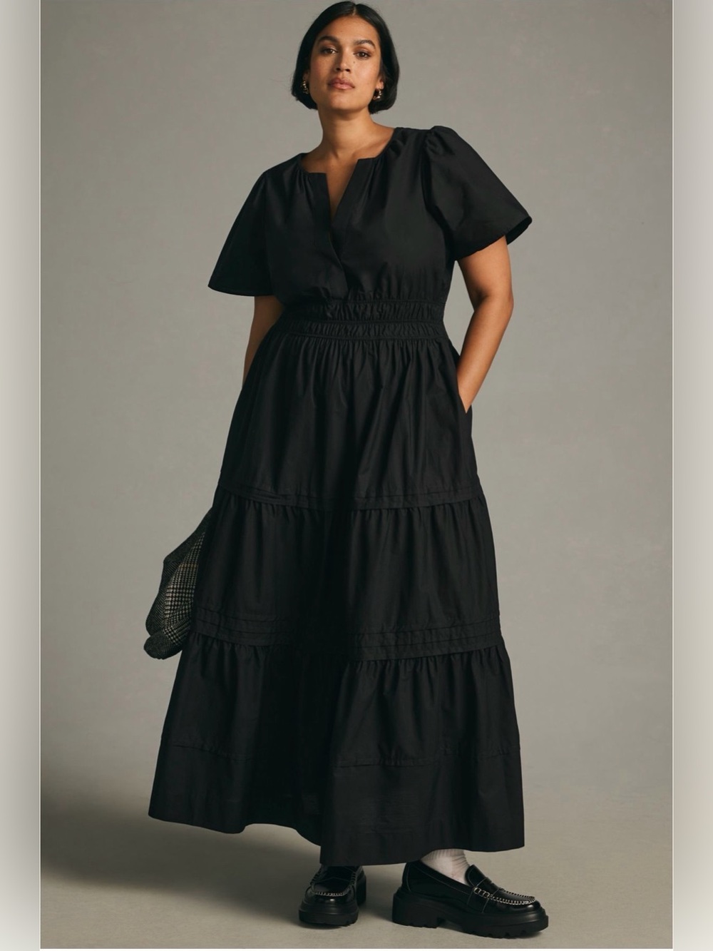 Anthropologie Black Tiered Maxi Dress with Smocked Waist